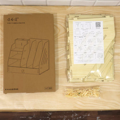 Unassembled wooden desk organizer components in packaging next to a brown box with a line drawing of the product.