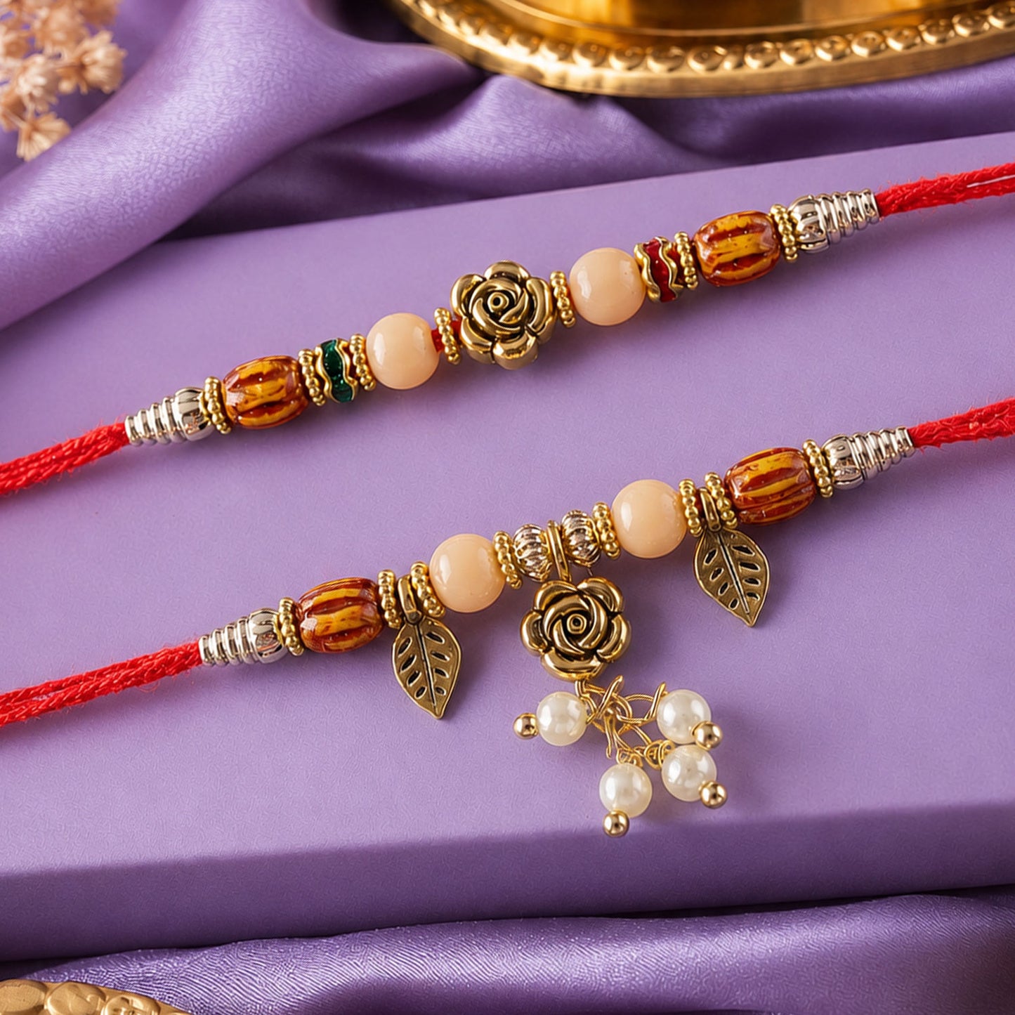 Divine Floral Rose Design Bhai Bhabhi Rakhi with Rose Center and Leaf Charm for Gift