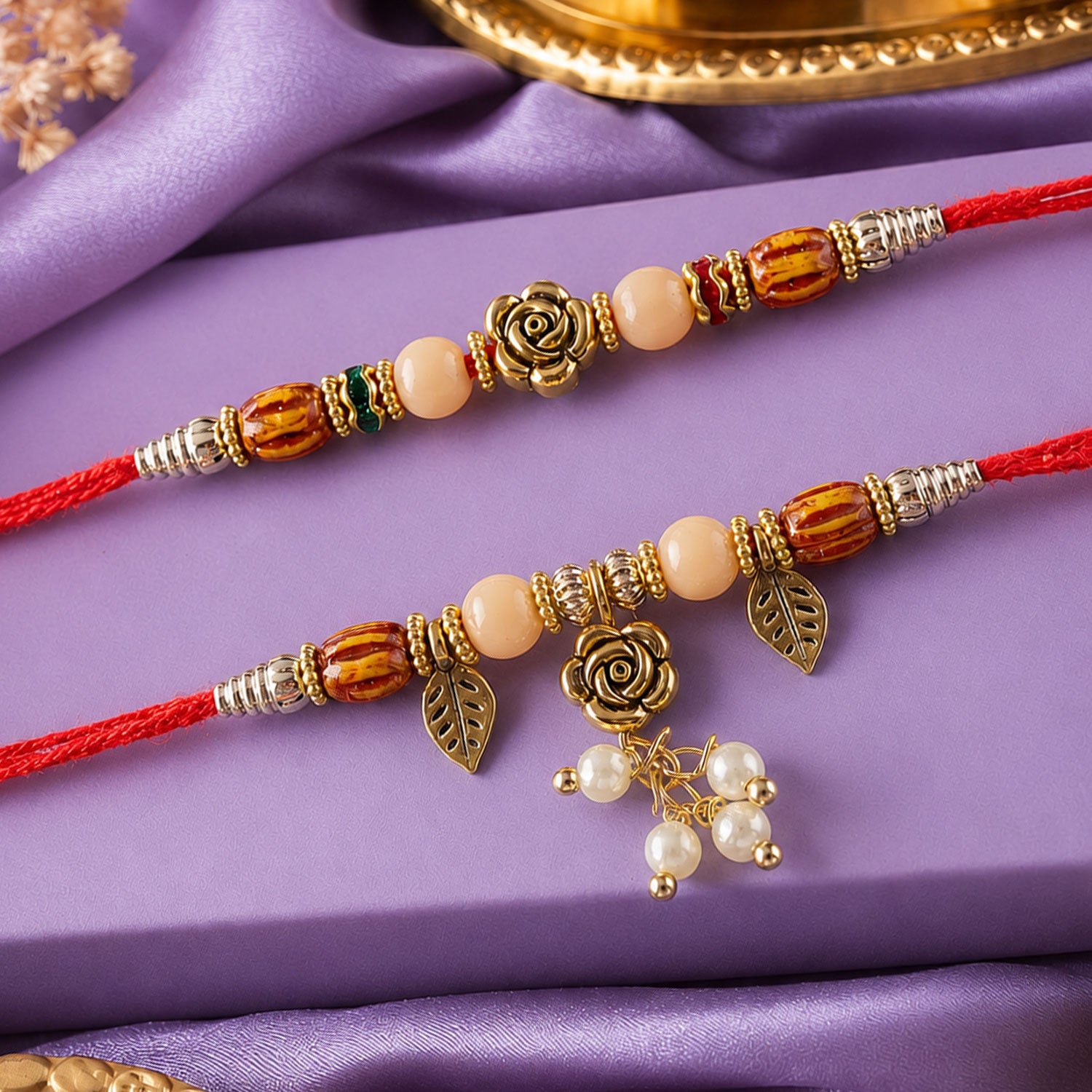 Divine Floral Rose Design Bhai Bhabhi Rakhi with Rose Center and Leaf Charm for Gift