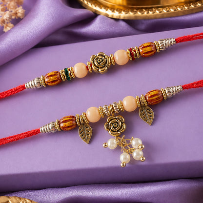 Divine Floral Rose Design Bhai Bhabhi Rakhi with Rose Center and Leaf Charm for Gift