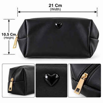 Black Faux Leather Zipper Makeup Pouch with Heart Detail (1 Pc)