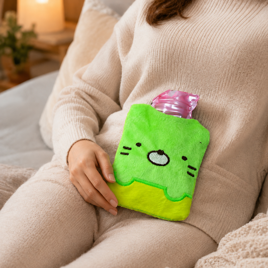 Hot Water Bag for Pain Relief – Green Kitty with Soft Cover | Velvet Wellness