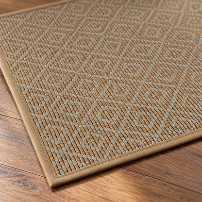 A close-up view reveals the intricate diamond woven texture and stitched edge of the brown runner mat on wood.