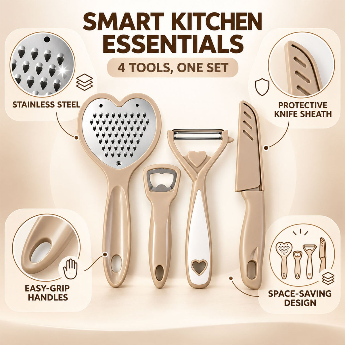 An infographic showcasing the smart kitchen essentials, highlighting features like stainless steel, protective knife sheath,