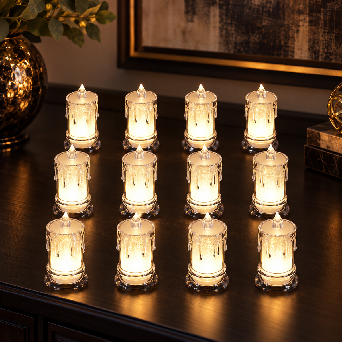 Twelve illuminated LED pillar candles with melted wax effect on a dark wooden surface, next to a decorative vase.