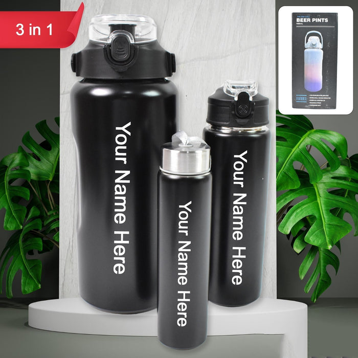 Customized / Personalized 3 In 1 Stainless Steel Insulated Water Bottle, Double Wall Vacuum (3 Pcs Set / Different Size)