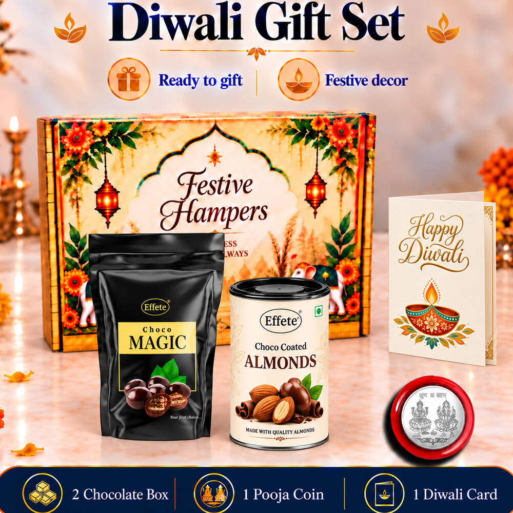 A festive hamper box with a black pouch of Choco Magic, a tin of Choco Coated Almonds, a silver coin, and a – view 4