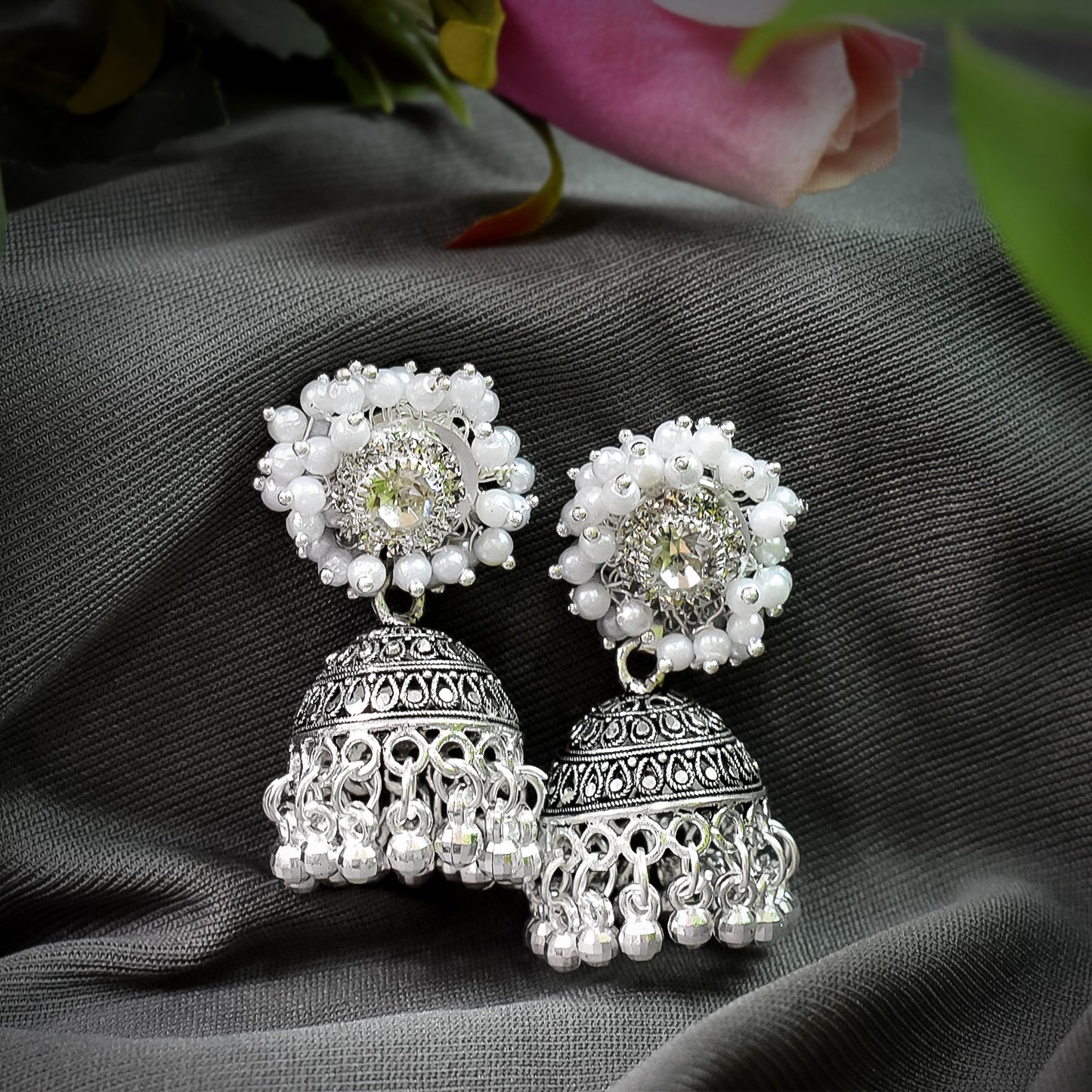 Silver Plated Traditional Bead Jhumka Earrings