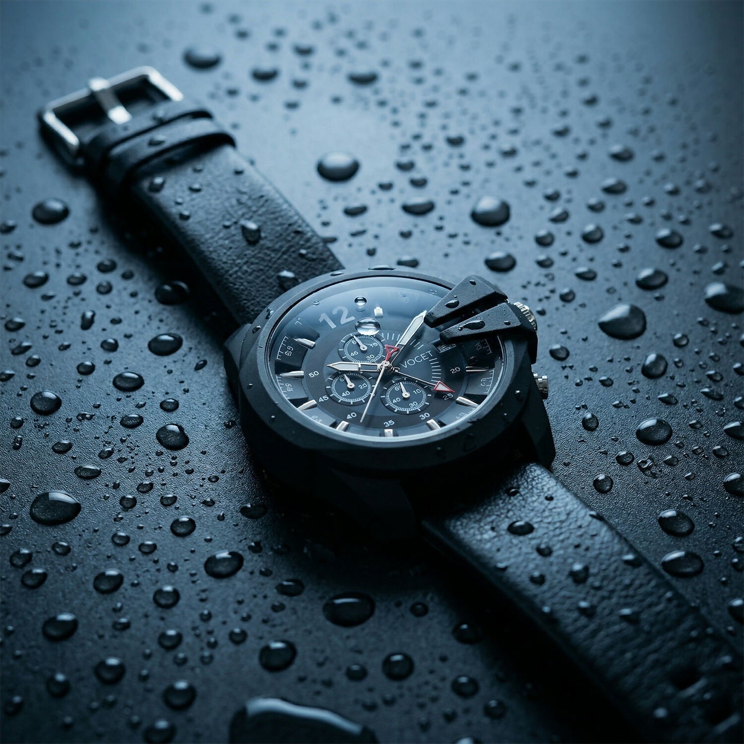 Bold Black Multi-Dial Chronograph Style Analog Wrist Watch with Protective Crown Guard & Leather Strap for Men