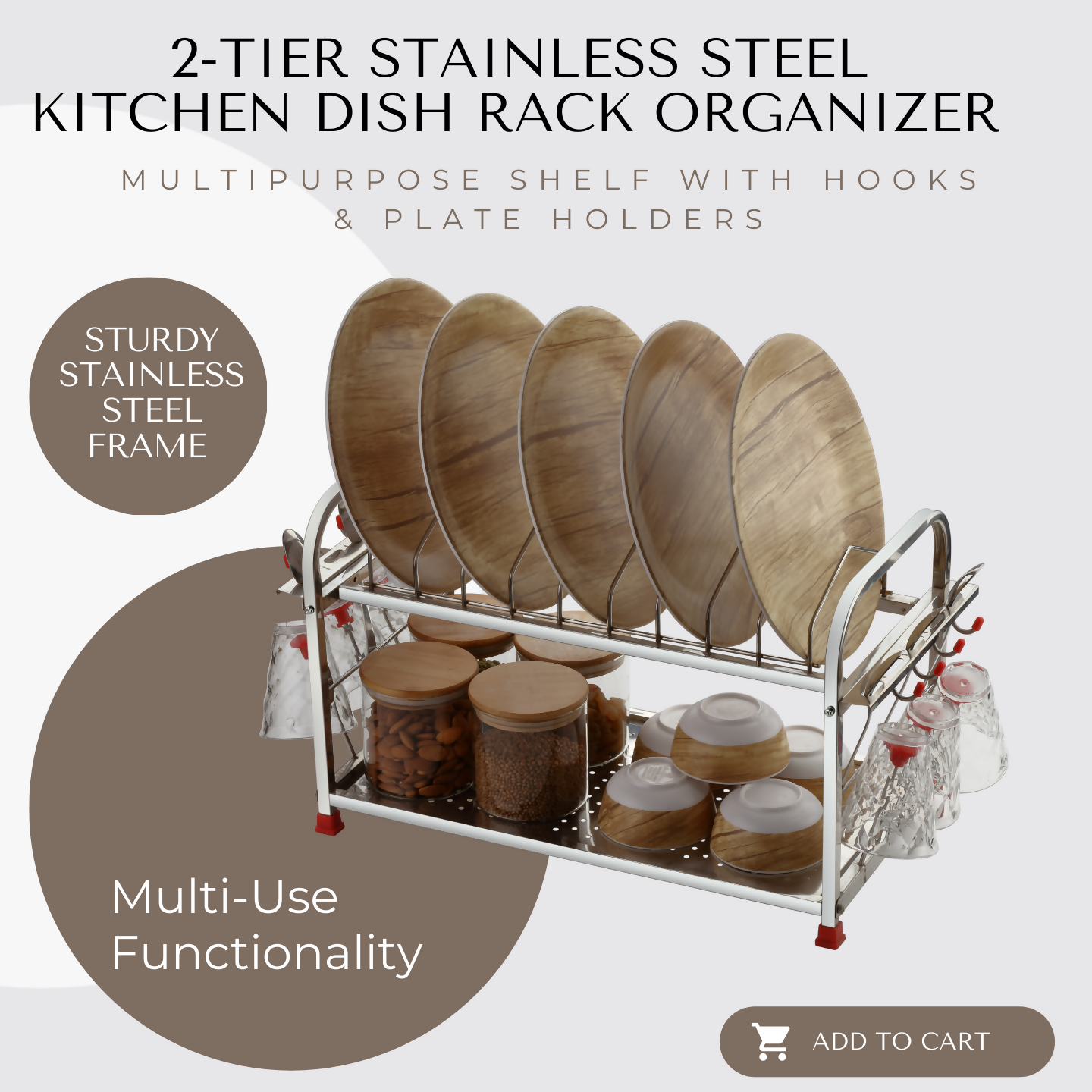 Regular Stainless Steel 12 x 18 Dish Rack | 2-Tier Kitchen Utensil Drainer | Plate Stand with Cutlery & Glass Holders