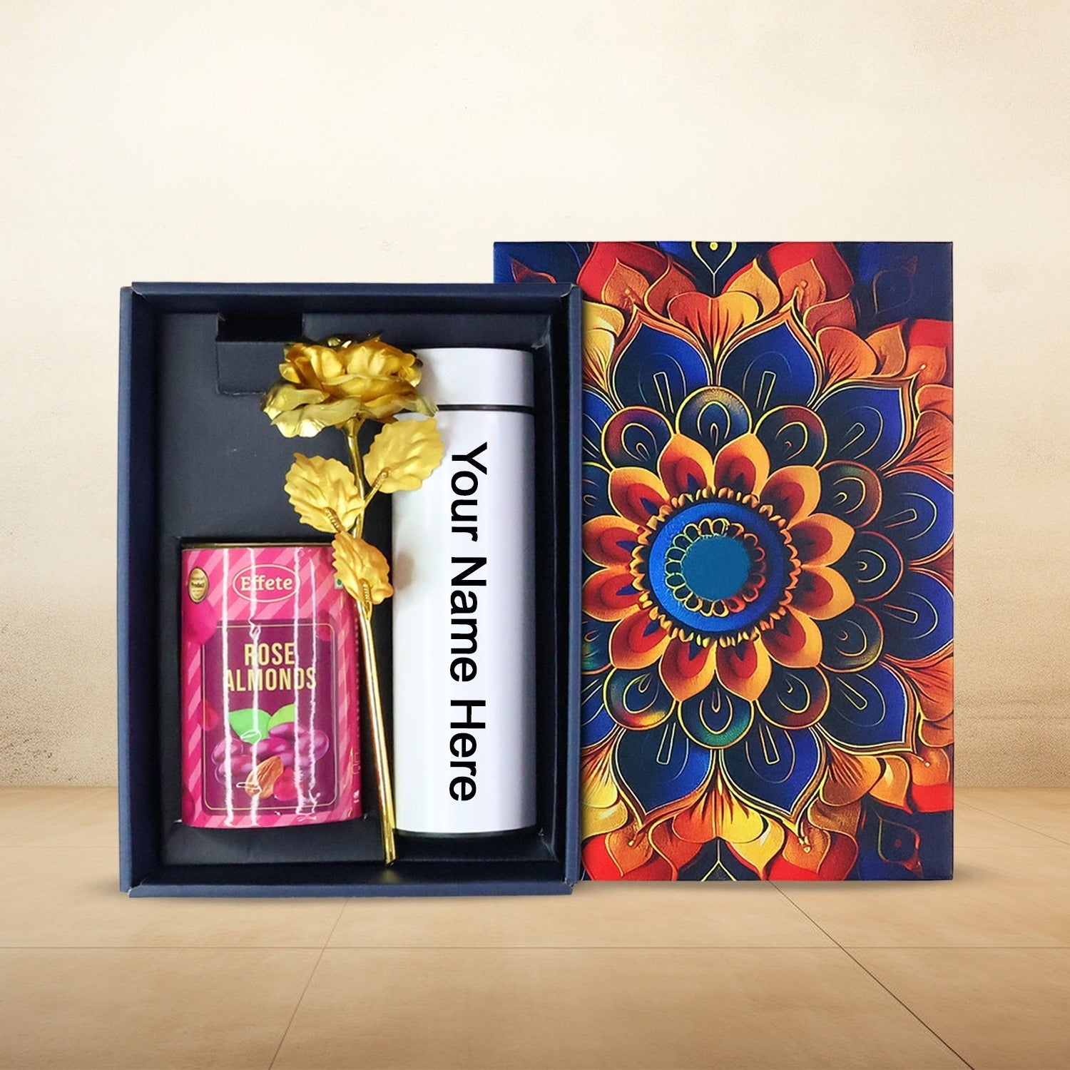 Personalized Temperature Water Bottle, Effete Rose Almonds Gift Hamper, Golden Rose With Bottle (3 Pc Set)