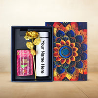 Personalized Temperature Water Bottle, Effete Rose Almonds Gift Hamper, Golden Rose With Bottle (3 Pc Set)