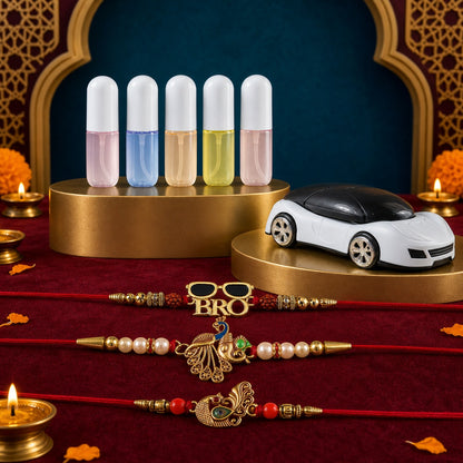 Raksha Bandhan Gift Combo for Brother – 3 Designer Rakhis, Mini Fragrance Set & Car Phone Holder