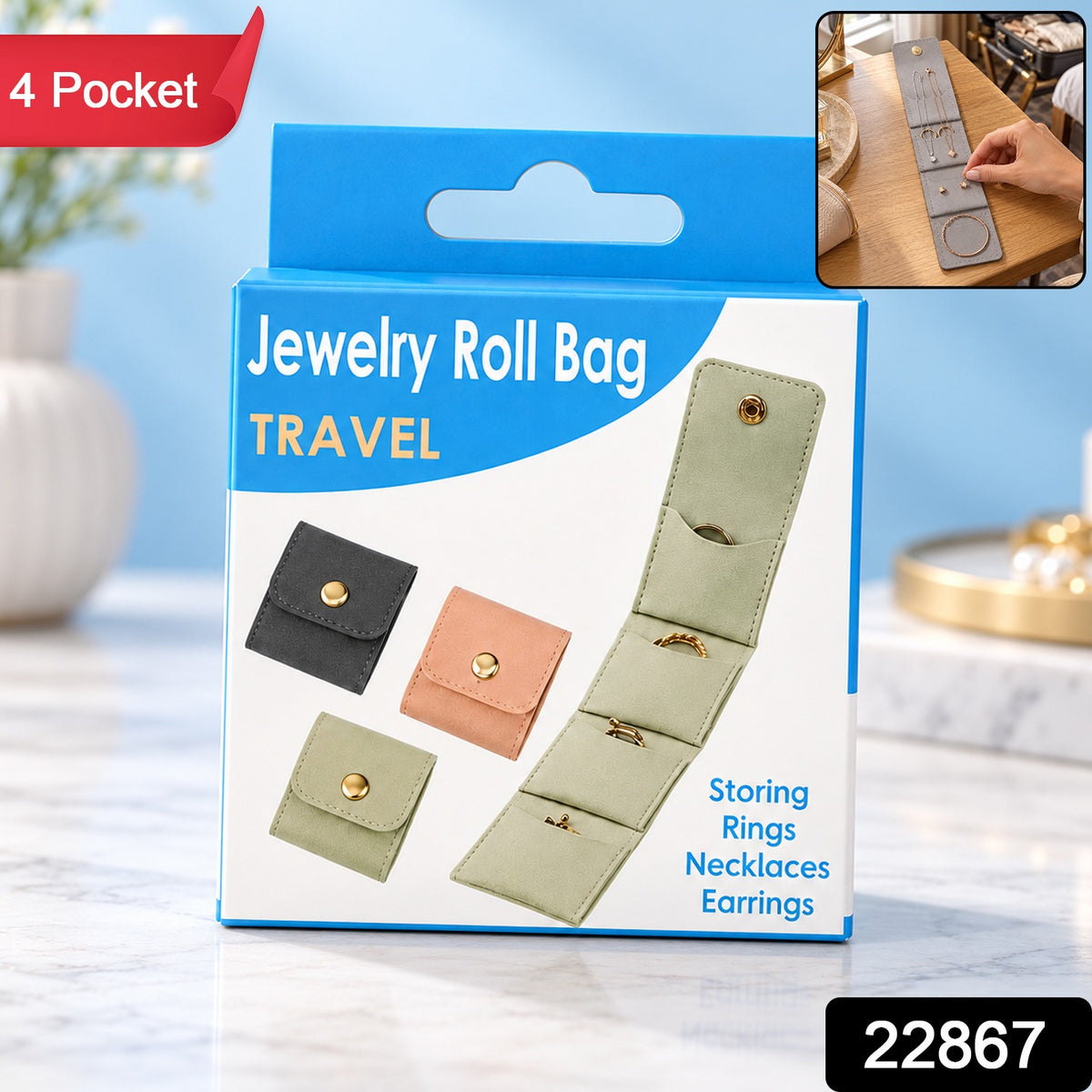 Travel Jewellery Organiser Roll with 4 Pockets for Rings and Necklaces (1 Pc)