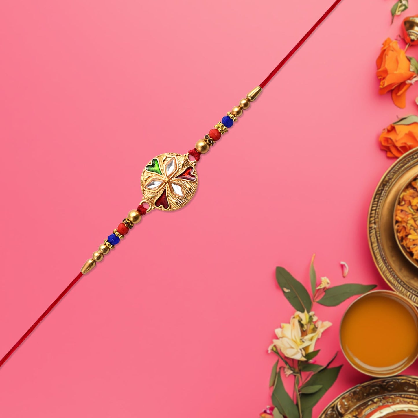 Floral Rakhi with Mirror Work Colorful Beads on Red Thread (5pcs)