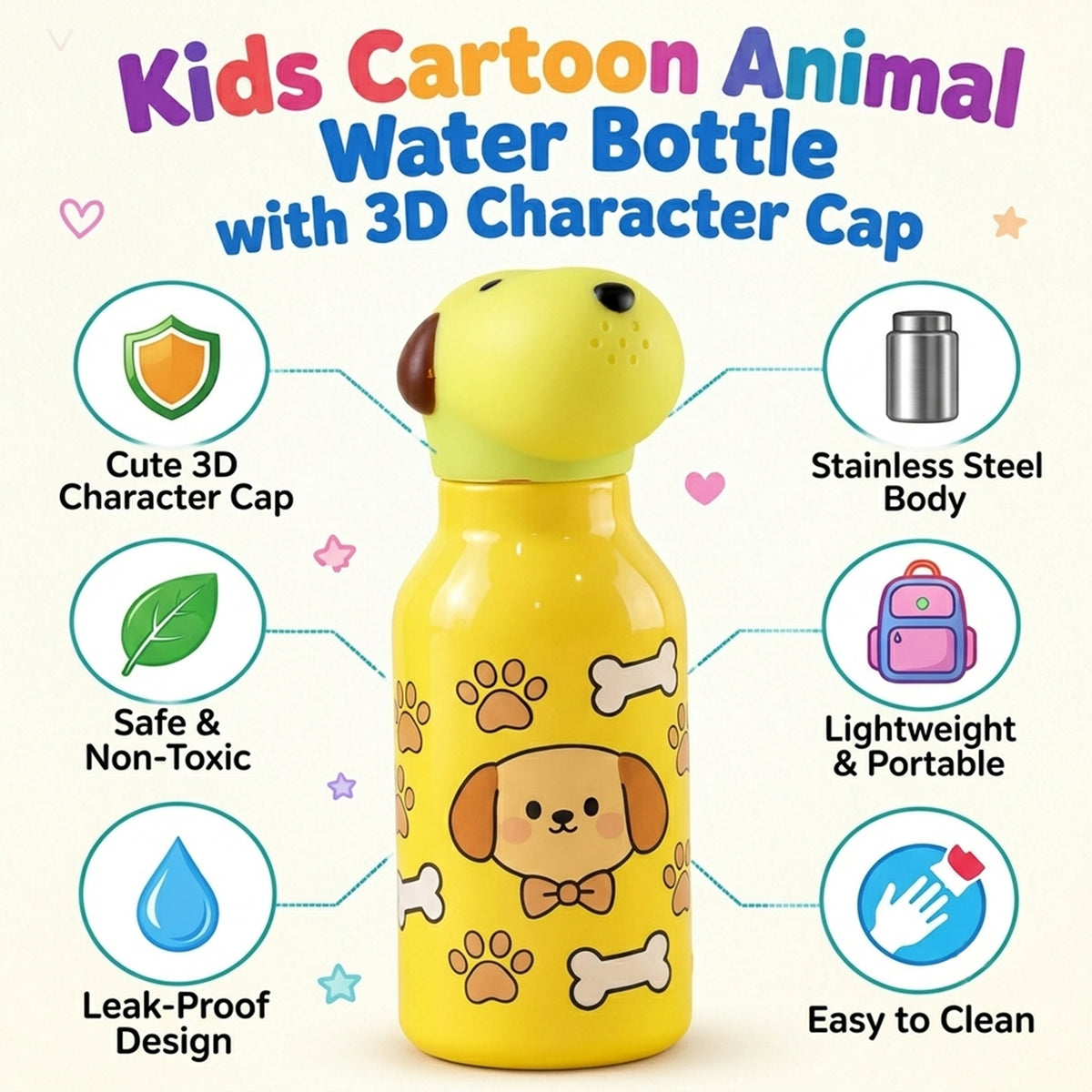 Kids Animal Water Bottle with 3D Character Cap and Printed Design (1 Pc, Mix Design)