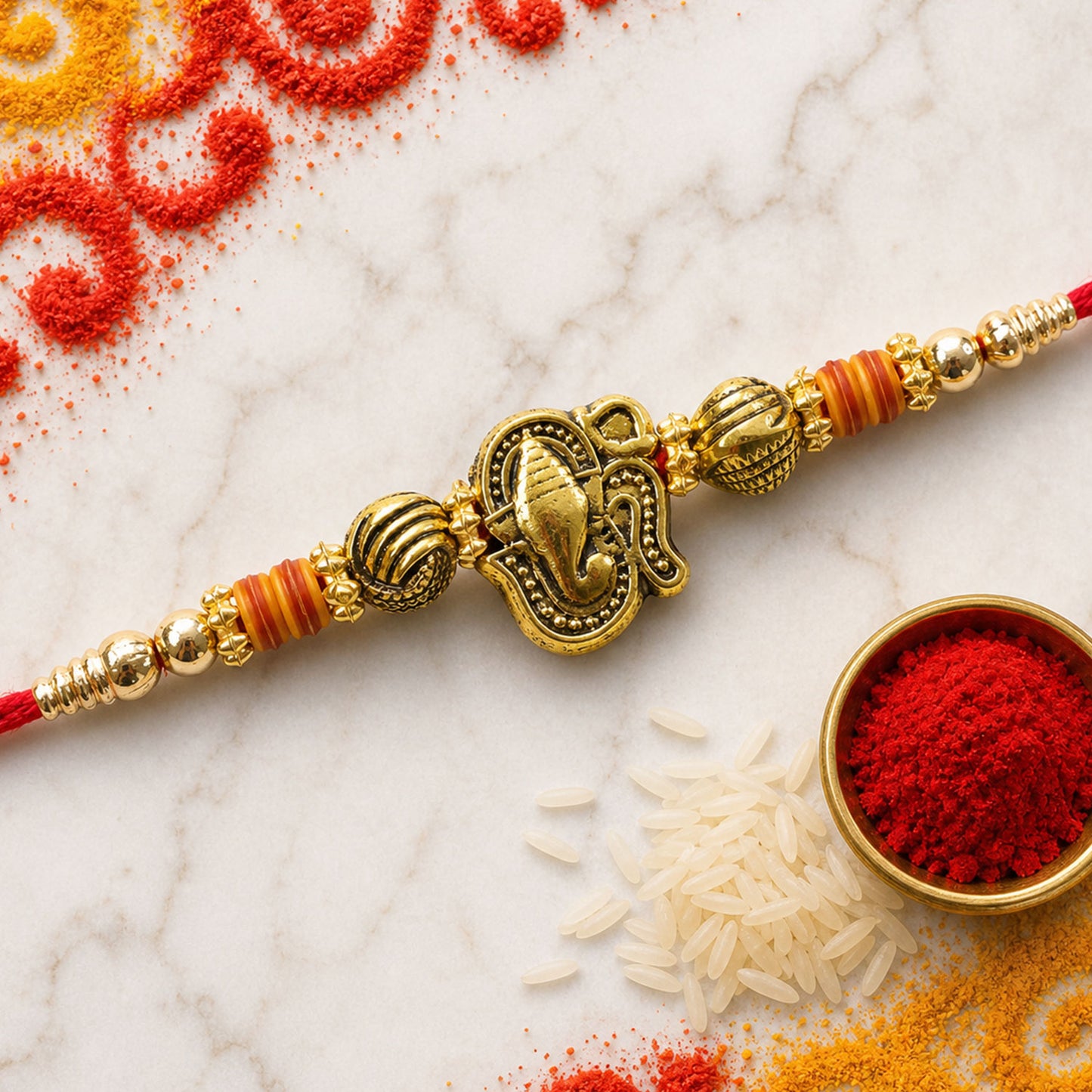 Red Thread Rakhi with Antique Gold Ganesha Pendant and Beaded Charms