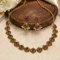 Traditional Gold Tone Necklace Set with Red Green Stones & Jhumka Earrings for Women