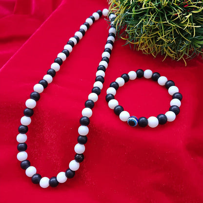 Black & White Beads Necklace & Evil Eye Bracelet Combo
