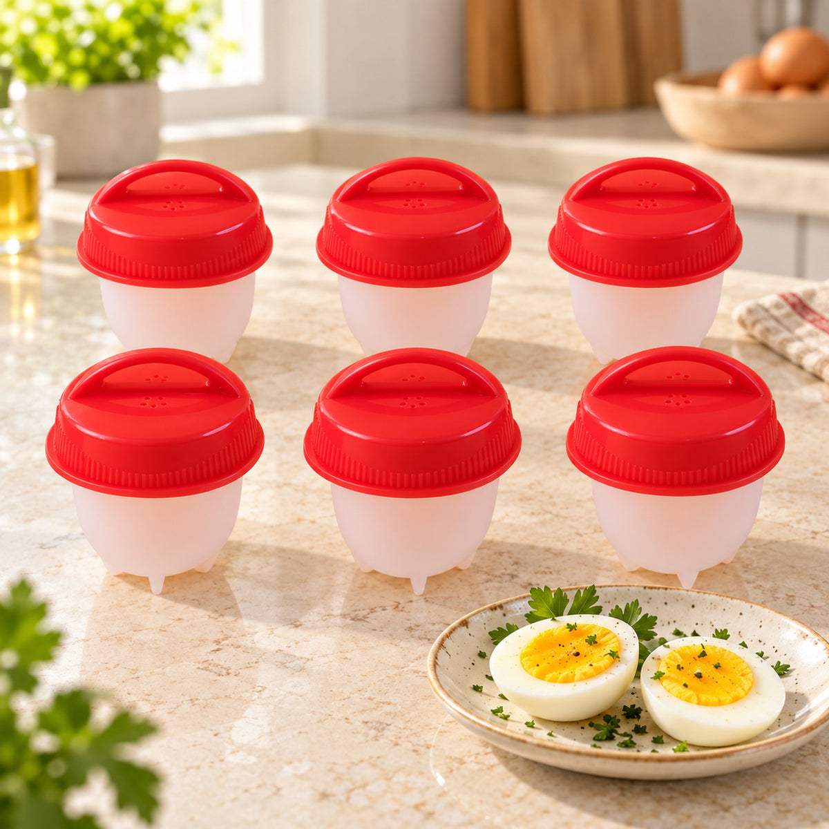 Silicone Egg Steamer Mould Cups with Removable Red Lids (6 Pc)
