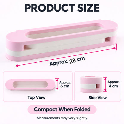 A pink and white shoe rack is shown with measurements for its folded and extended states.