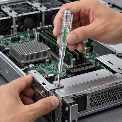 A person's hands use a clear electrical tester screwdriver to work on internal computer hardware components.