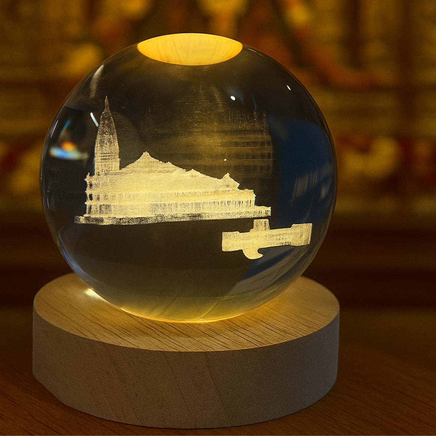 Ayodhya Ram Mandir 3D Crystal Ball LED Lamp with Wooden Base – Divine Spiritual Light for Home, Temple & Office Décor – Laser Engraved Lord Ram Temple Night Lamp with Warm LED Glow – Perfect Religious Gift Item