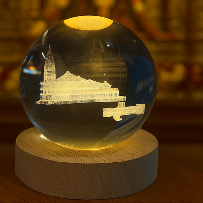 Ayodhya Ram Mandir 3D Crystal Ball LED Lamp with Wooden Base – Divine Spiritual Light for Home, Temple & Office Décor – Laser Engraved Lord Ram Temple Night Lamp with Warm LED Glow – Perfect Religious Gift Item