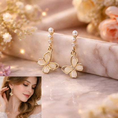 Elegant Gold Butterfly Pearl Drop Earrings with Floral Design for Women