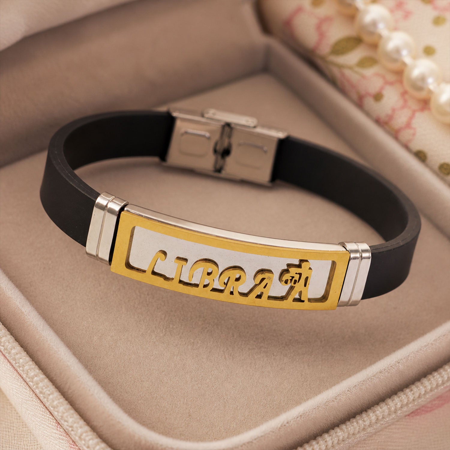 Libra Bracelet Rakhi with Black Band and Gold Zodiac Plate for Raksha Bandhan Gift