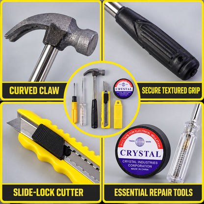 Four detailed close-ups of the tool kit components: a curved hammer claw, a textured grip, a slide-lock cutter, and