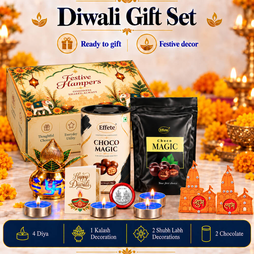 A Diwali gift set featuring a decorative box, chocolate items, a golden kalash, tealights, and religious decor on a marble