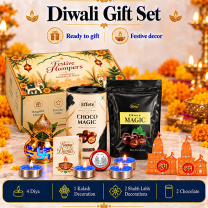 A Diwali gift set featuring a decorative box, chocolate items, a golden kalash, tealights, and religious decor on a marble