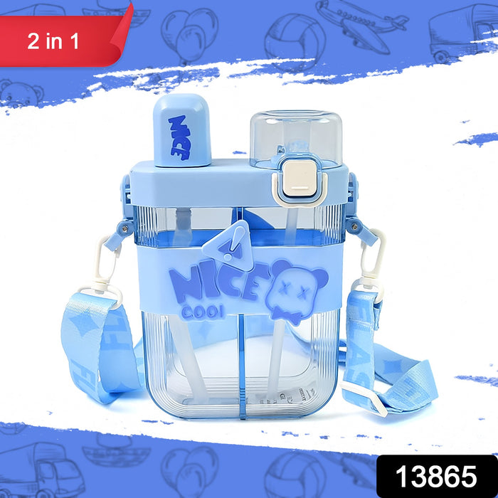 2in1 Dual Compartment Water Bottle with Straw and Adjustable Shoulder Straps (1 Pc / Multi color)