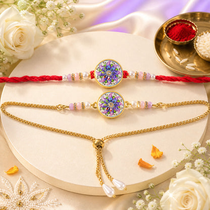 Round Mosaic Floral Bhai Bhabhi Lumba Rakhi with Pearl Drop Pair