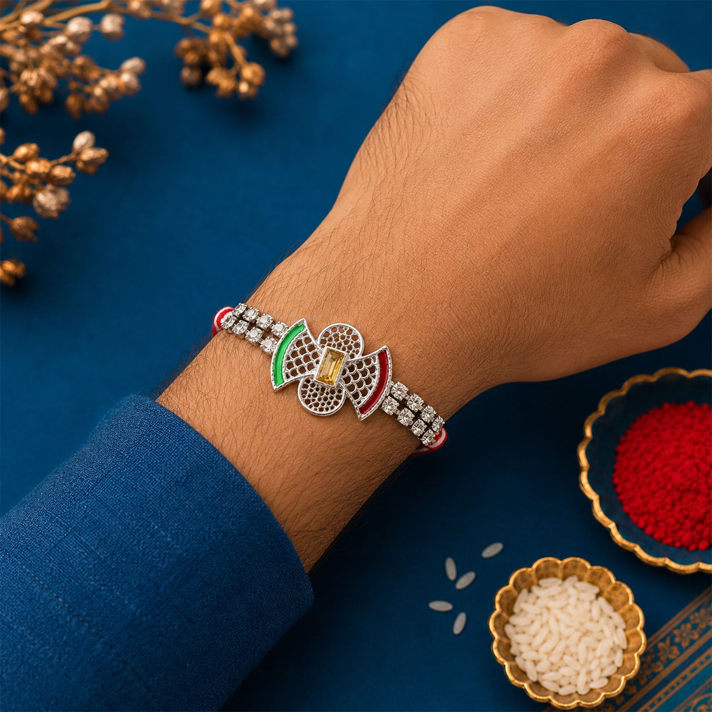 Elegant Rakhi with Butterfly Charm, color stones and wrist style for Festive Display