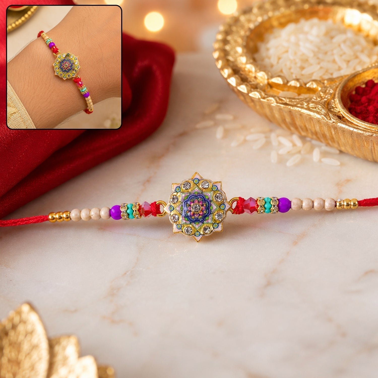 Rakhi for Brother Floral Mandala Enamel Gold Tone Design (10pcs)