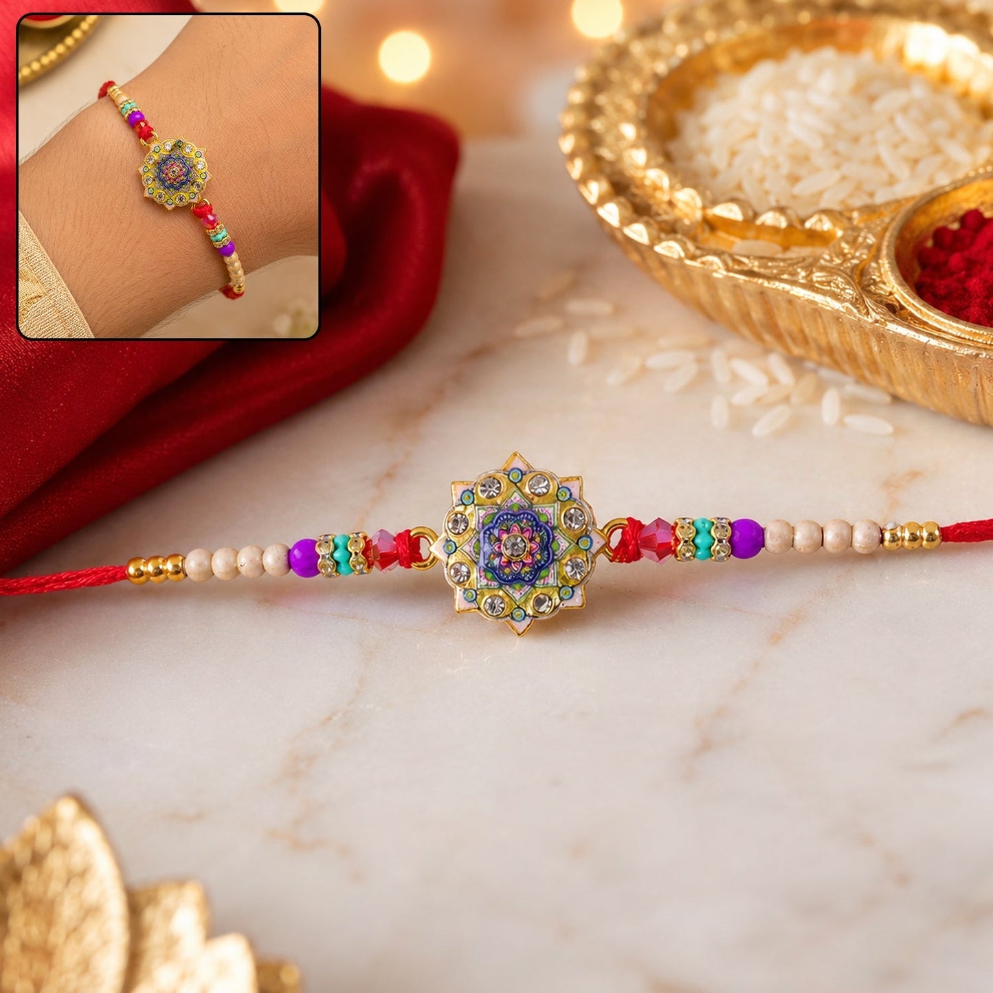 Rakhi for Brother Floral Mandala Enamel Gold Tone Design (5pcs)