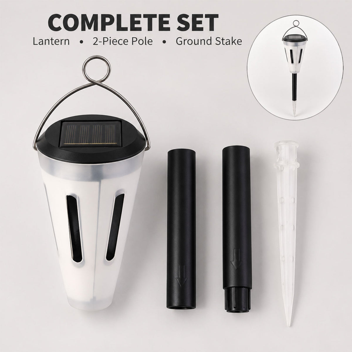 The complete set of a solar garden light, including the lantern, two-piece pole, and ground stake, is laid out on a gray