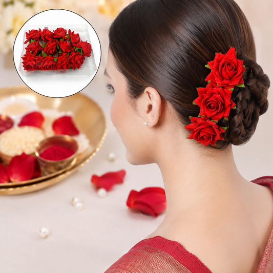Red Rose Hair Clip – 12 Pc Bridal Flower Pins for Women | Calm & Curl