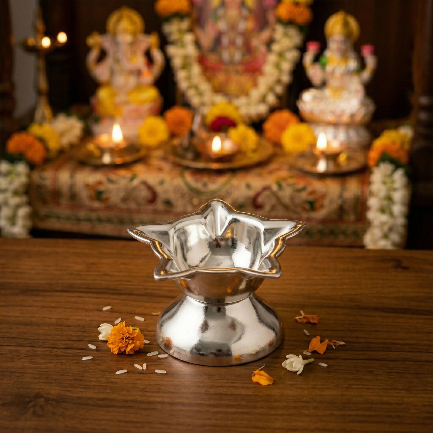 Silver Star-Shaped Oil Diya Lamp for Pooja, Festivals & Home Decoration