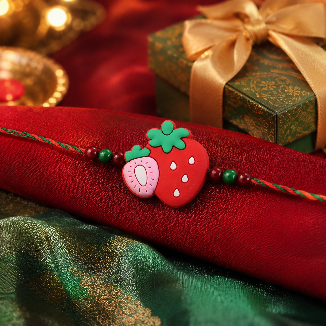 Strawberry Charm Kids Beaded Rakhi for Brother - Festive Design (10pcs)