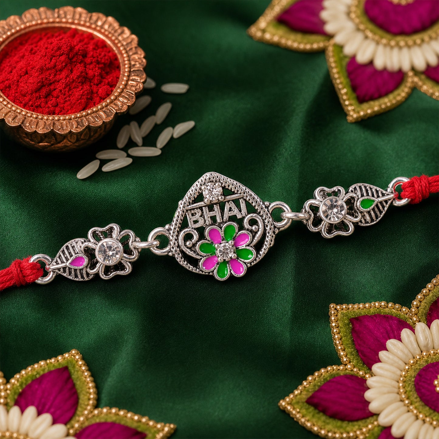 Elegant Rakhi with BHAI Text Plaque, crystal accents and gift style for Gift Styling