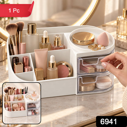 Vanity Organizer with Rotating Tray & Drawers for Easy Storage