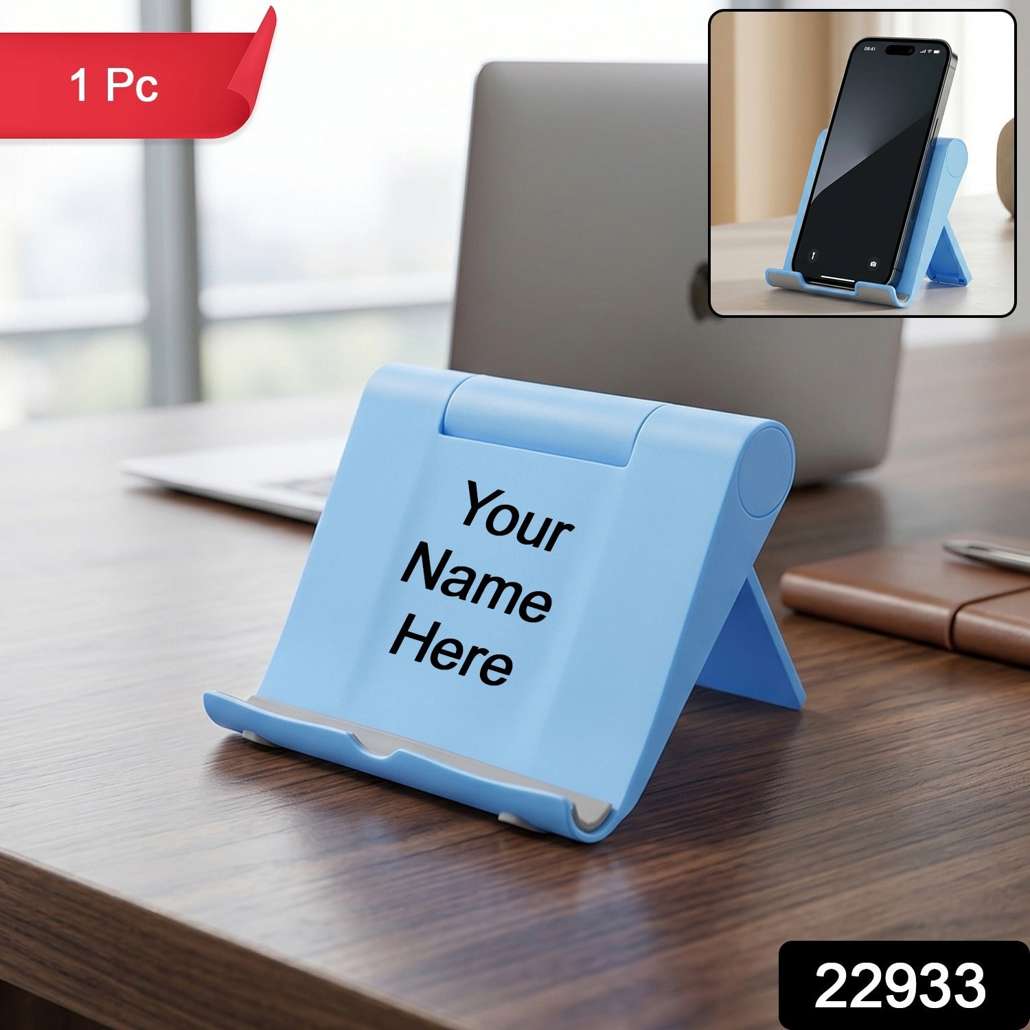 Detail view of a foldable phone stand with anti-slip cradle pad.