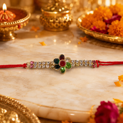 Multicolour Floral Kundan Rakhi with Red Green Center and Crystal Line