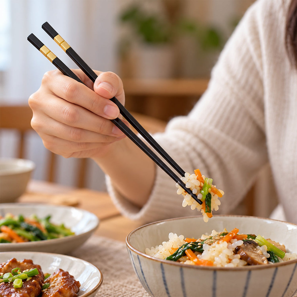 A person uses black chopsticks with gold bands to pick up rice and vegetables from a striped bowl on a wooden surface.