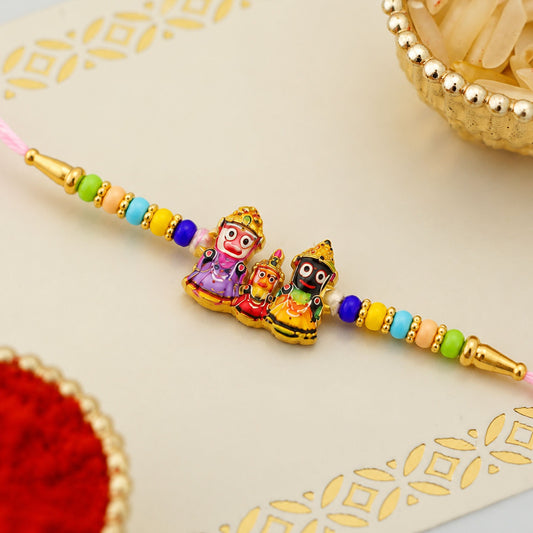 Lord Jagannath Rakhi with colorful beads and a traditional thread for Raksha Bandhan.