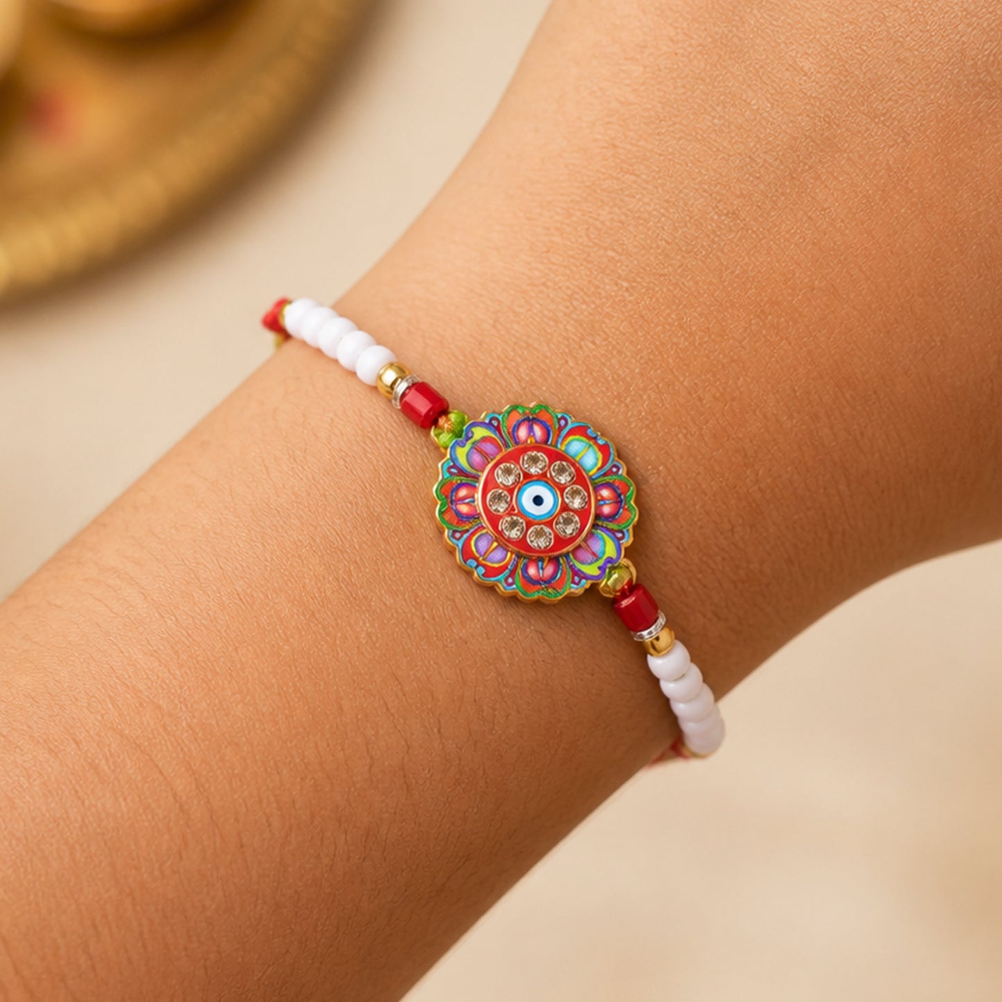 Round Floral Evil Eye Crystal Pearl Beads Bhai Bhabhi Rakhi Set