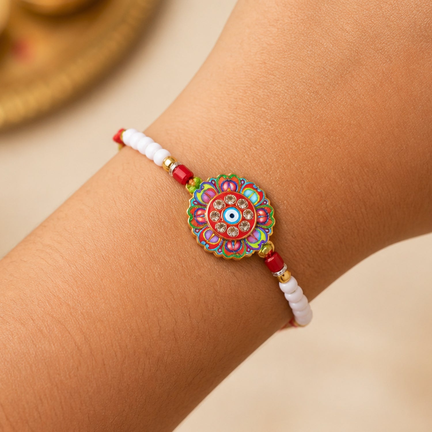 Round Floral Evil Eye Crystal Pearl Beads Bhai Bhabhi Rakhi Set
